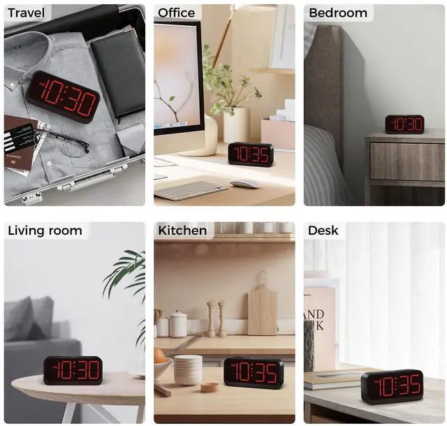 Alt view image 14 of 14 - Battery Operated Digital Clock: Cordless Small Alarm Clock for Bedroom Travel - Large Numbers 4 Dimmers for All Ages Red Digits