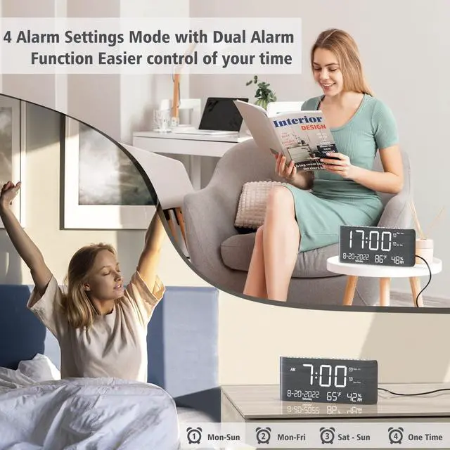 Alt view image 9 of 14 - Digital Alarm Clock, with Calendar Temperature and Humidity, Loud Volume, Dual Alarm, USB and Type-C Charging Ports, Dimmer, 12/24H, Snooze, Stylish Wood Grain Pattern Digital Clock for Décor