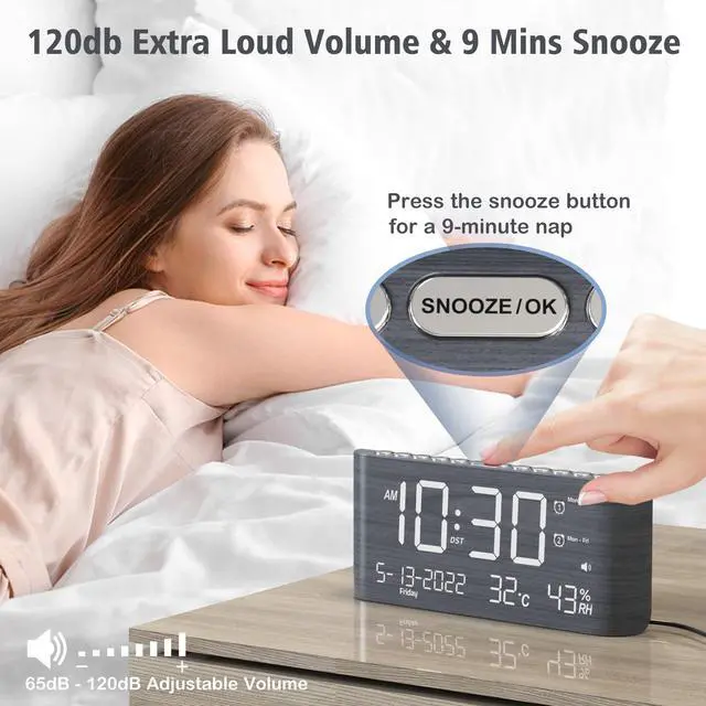 Alt view image 12 of 14 - Digital Alarm Clock, with Calendar Temperature and Humidity, Loud Volume, Dual Alarm, USB and Type-C Charging Ports, Dimmer, 12/24H, Snooze, Stylish Wood Grain Pattern Digital Clock for Décor