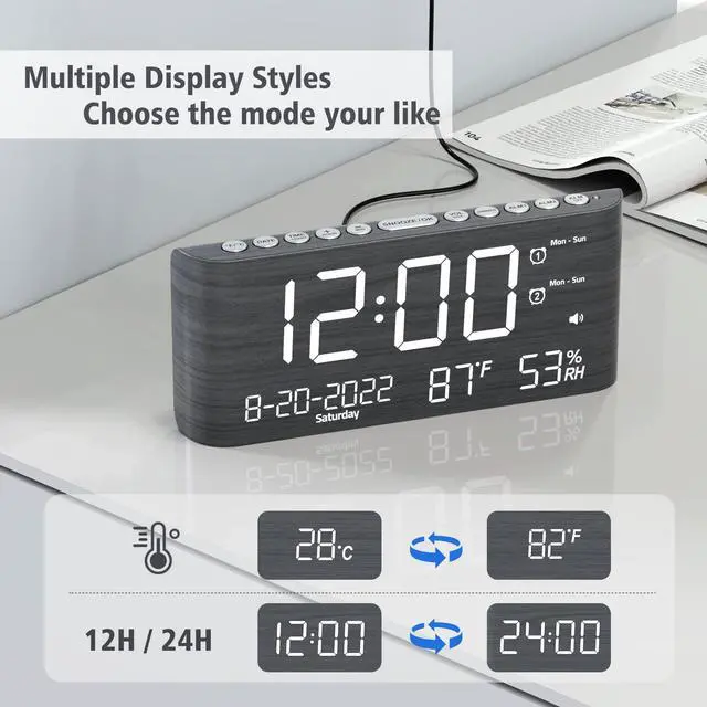 Alt view image 11 of 14 - Digital Alarm Clock, with Calendar Temperature and Humidity, Loud Volume, Dual Alarm, USB and Type-C Charging Ports, Dimmer, 12/24H, Snooze, Stylish Wood Grain Pattern Digital Clock for Décor