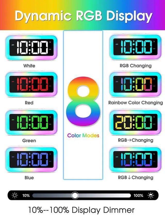Alt view image 9 of 12 - Loud Alarm Clock for Bedrooms with Dynamic RGB Night Light,Heavy Sleepers Adults,Dual Alarm,Dimmer,USB Charger,Small Bedside Digital Clock with Led Display for Kids,Teens,Seniors (White)