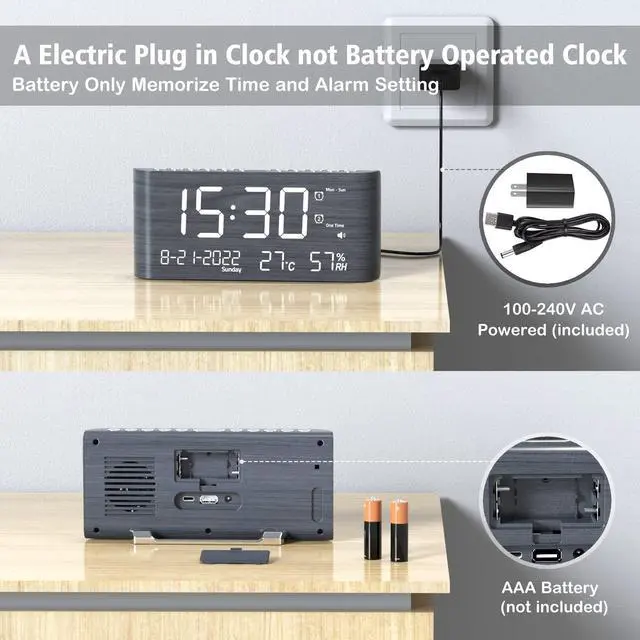 Alt view image 14 of 14 - Digital Alarm Clock, with Calendar Temperature and Humidity, Loud Volume, Dual Alarm, USB and Type-C Charging Ports, Dimmer, 12/24H, Snooze, Stylish Wood Grain Pattern Digital Clock for Décor
