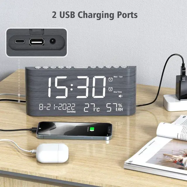 Alt view image 13 of 14 - Digital Alarm Clock, with Calendar Temperature and Humidity, Loud Volume, Dual Alarm, USB and Type-C Charging Ports, Dimmer, 12/24H, Snooze, Stylish Wood Grain Pattern Digital Clock for Décor