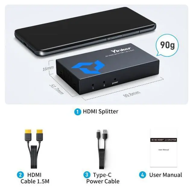 Alt view image 14 of 14 - 4K HDMI Splitter 1 in 2 Out w/5Ft Cable, Metal Shell 1x2 HDMI Splitter Mirror 1 Video on Dual Monitors (Not Extended Display), USB Powered Distributor Supports 4K@30Hz, 3D,1080P@60Hz