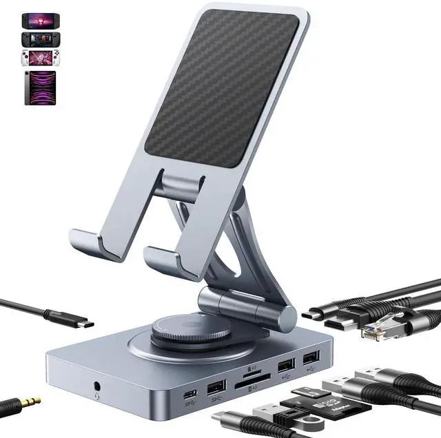 Alt view image 8 of 14 - 360° Rotating USB C Docking Station for iPad Pro, Tablet, Samsung, Steam Deck, ROG Ally, Legion Go, Msi Claw, etc, 11-in-1 with SD TF 4.0 Reader, 4K@60Hz HDMI, RJ45, Audio, USB A, USB C