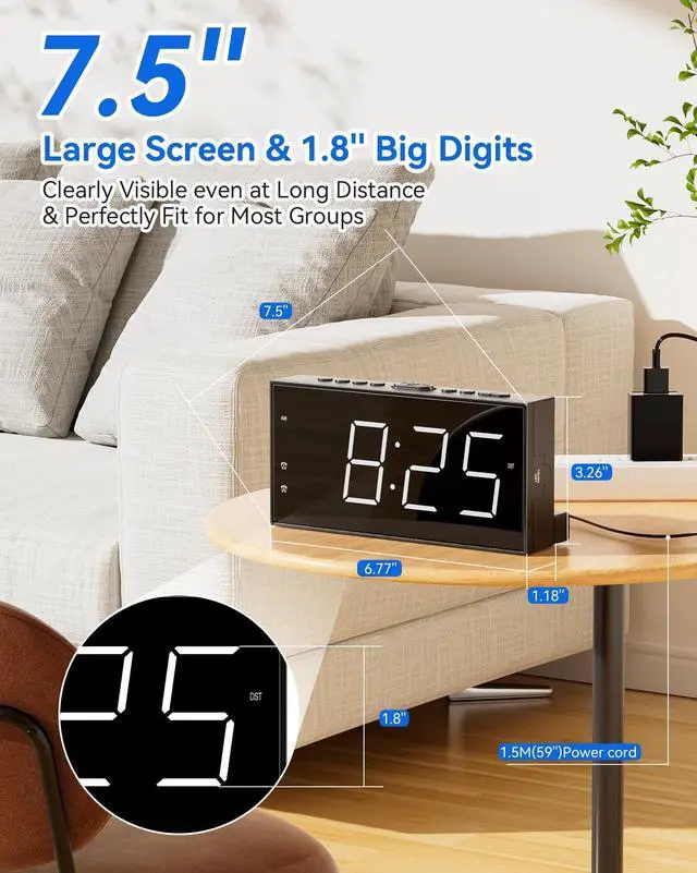 Alt view image 11 of 14 - 7.5" Digital Alarm Clock for Bedroom with Power Adapter, Dual Alarms Big Numbers Snooze USB Port Dimmable 5 Volumes Battery Backup 12/24H & DST Led Loud Alarm Clock for Heavy Sleepers Adults