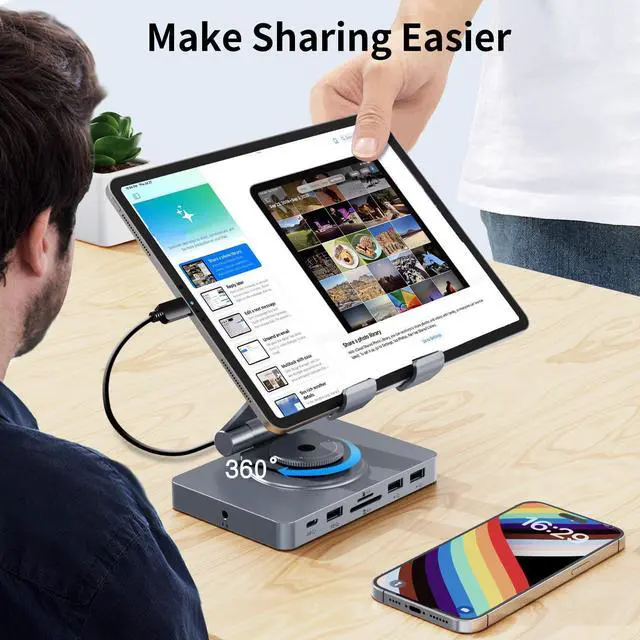 Alt view image 13 of 14 - 360° Rotating USB C Docking Station for iPad Pro, Tablet, Samsung, Steam Deck, ROG Ally, Legion Go, Msi Claw, etc, 11-in-1 with SD TF 4.0 Reader, 4K@60Hz HDMI, RJ45, Audio, USB A, USB C
