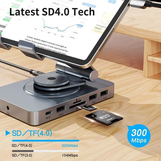 Alt view image 12 of 14 - 360° Rotating USB C Docking Station for iPad Pro, Tablet, Samsung, Steam Deck, ROG Ally, Legion Go, Msi Claw, etc, 11-in-1 with SD TF 4.0 Reader, 4K@60Hz HDMI, RJ45, Audio, USB A, USB C