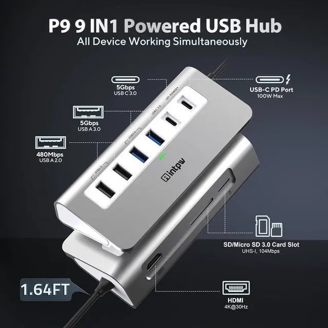 Alt view image 9 of 14 - P9 USB C Hub, 9-in-1 USB C Hub Multiport Adapter with 4K HDMI, PD 100W, Type-C & 2 USB A 3.0 5Gbps, 2 USB A 2.0, SD/TF Card Reader, Aluminum USB Hub for Laptop, iPhone 17 Series, MacBook, iPad