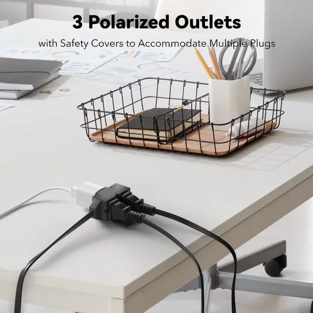 Alt view image 10 of 14 - 9ft Indoor Extension Cord, 2 Pack, 3-Outlet Polarized Flat Cable, Household Power Cord for Home, Office, and Holiday Decorations, Black