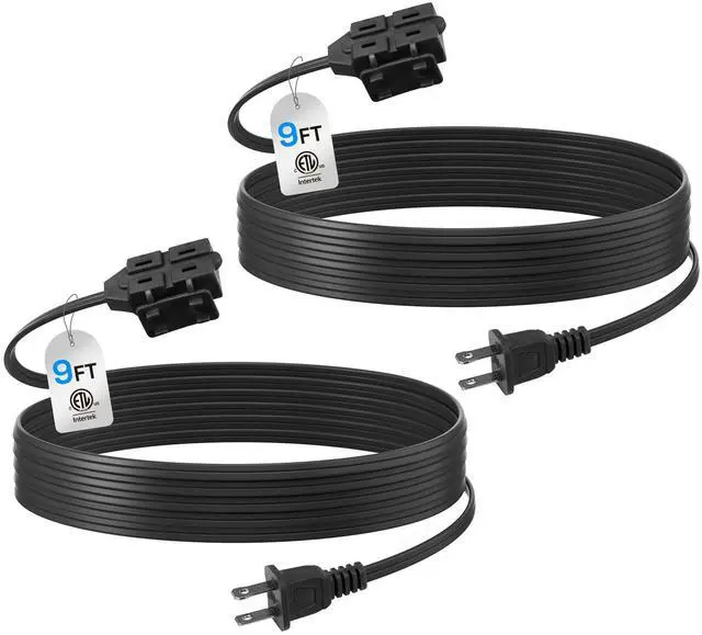 Alt view image 8 of 14 - 9ft Indoor Extension Cord, 2 Pack, 3-Outlet Polarized Flat Cable, Household Power Cord for Home, Office, and Holiday Decorations, Black
