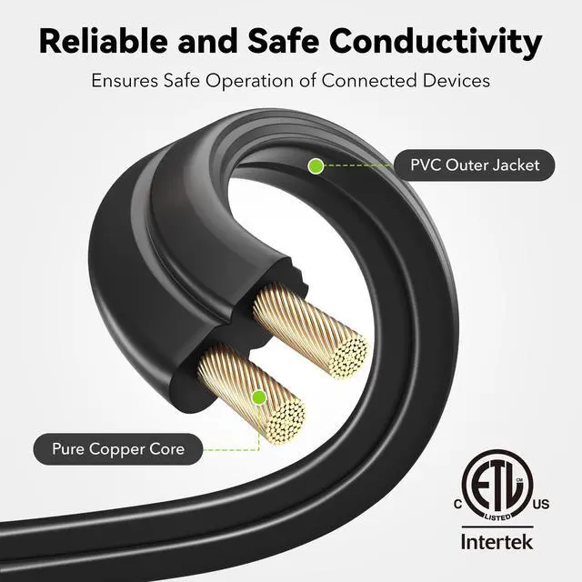Alt view image 11 of 14 - 9ft Indoor Extension Cord, 2 Pack, 3-Outlet Polarized Flat Cable, Household Power Cord for Home, Office, and Holiday Decorations, Black