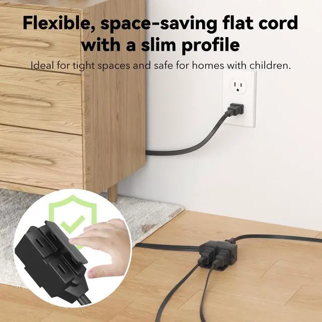 Alt view image 13 of 14 - 9ft Indoor Extension Cord, 2 Pack, 3-Outlet Polarized Flat Cable, Household Power Cord for Home, Office, and Holiday Decorations, Black