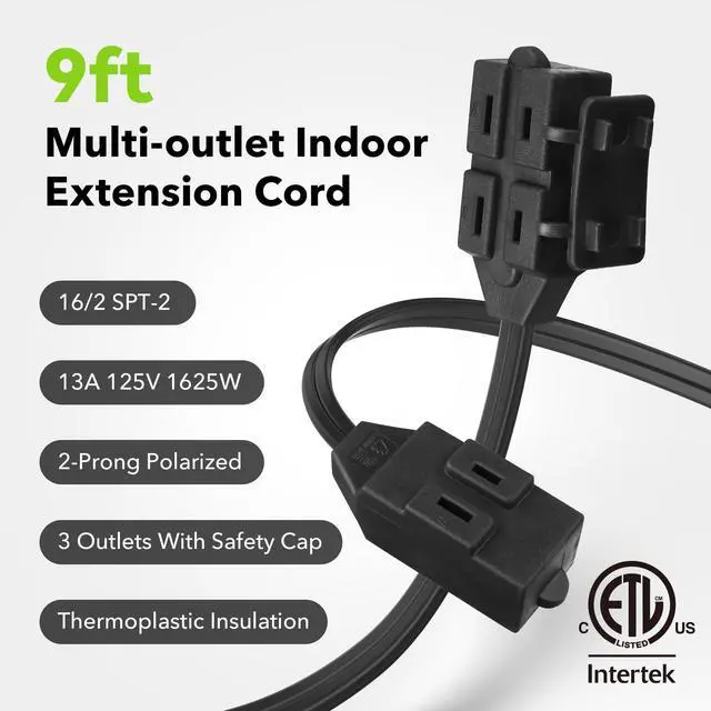 Alt view image 12 of 14 - 9ft Indoor Extension Cord, 2 Pack, 3-Outlet Polarized Flat Cable, Household Power Cord for Home, Office, and Holiday Decorations, Black