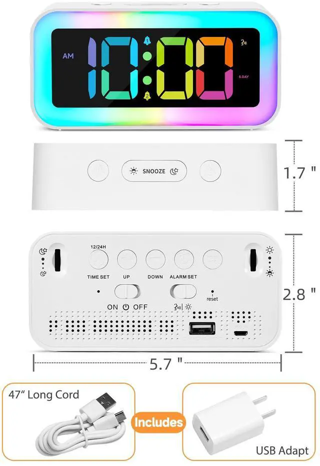 Alt view image 11 of 12 - Loud Alarm Clock for Bedrooms with Dynamic RGB Night Light,Heavy Sleepers Adults,Dual Alarm,Dimmer,USB Charger,Small Bedside Digital Clock with Led Display for Kids,Teens,Seniors (White)