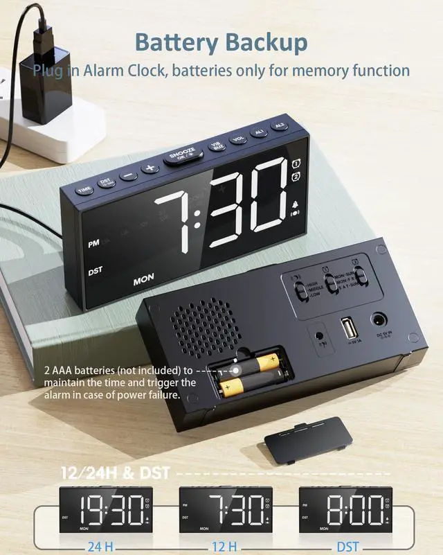 Alt view image 13 of 14 - Alarm Clock with Bed Shaker for Heavy Sleepers, 3-Level Vibration, Dual Alarms with Weekday & Weekend Mode, Large Digits, Dimmer, Snooze, USB Charger, Battery Backup