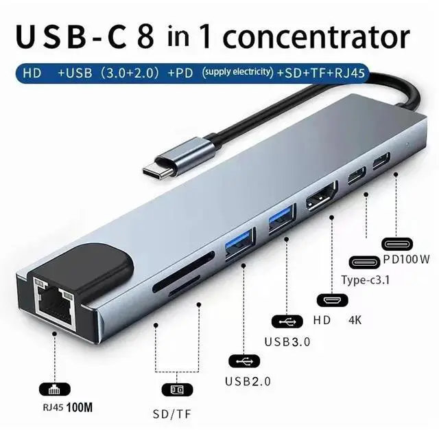 Alt view image 9 of 14 - USB C Laptop Docking Station 8 in 1 USB C Hub Adapter with 4K HDMI,Ethernet,2 USB,Type-C,SD TF Card Reader,PD 100W Compatible with iPhone16/MacBook/Dell and Other Type C Laptops Device
