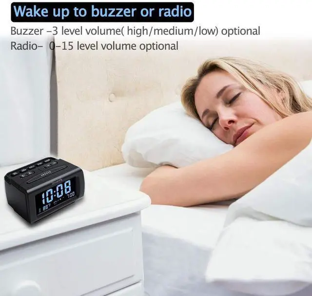 Alt view image 12 of 14 - Alarm Clock Radios for Bedrooms with Battery Backup, Large Big Numbers with Dimmer Wheel, USB Port, Bedside Digital FM Radio with Sleep Timer, Temperature, Adjustable Volume, Snooze