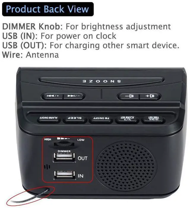 Alt view image 14 of 14 - Alarm Clock Radios for Bedrooms with Battery Backup, Large Big Numbers with Dimmer Wheel, USB Port, Bedside Digital FM Radio with Sleep Timer, Temperature, Adjustable Volume, Snooze