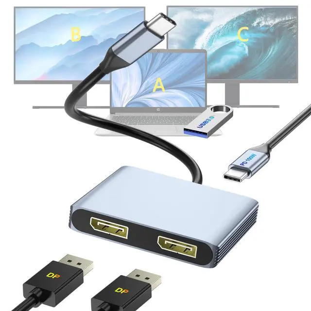 Alt view image 8 of 14 - DisplayPort Splitter for Dual Monitors, 4K@60Hz USB-C to DisplayPort Adapter, Type-C Docking Station for Dell/HP/Mac, Display Port MST Hub with USB3.0/PD, Display Port Splitter for Dual Monitors