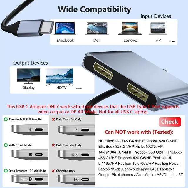 Alt view image 9 of 14 - DisplayPort Splitter for Dual Monitors, 4K@60Hz USB-C to DisplayPort Adapter, Type-C Docking Station for Dell/HP/Mac, Display Port MST Hub with USB3.0/PD, Display Port Splitter for Dual Monitors