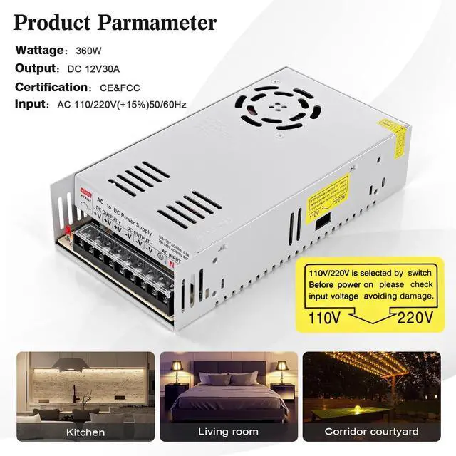Alt view image 10 of 14 - 12V 30A 360W Switching Power Supply, AC 110V/220V to DC 12V 30A Converter Universal Regulated Transformer Driver Adapter for LED Strips, CCTV Camera, 3D Printer, Industrial Equipment, Radio