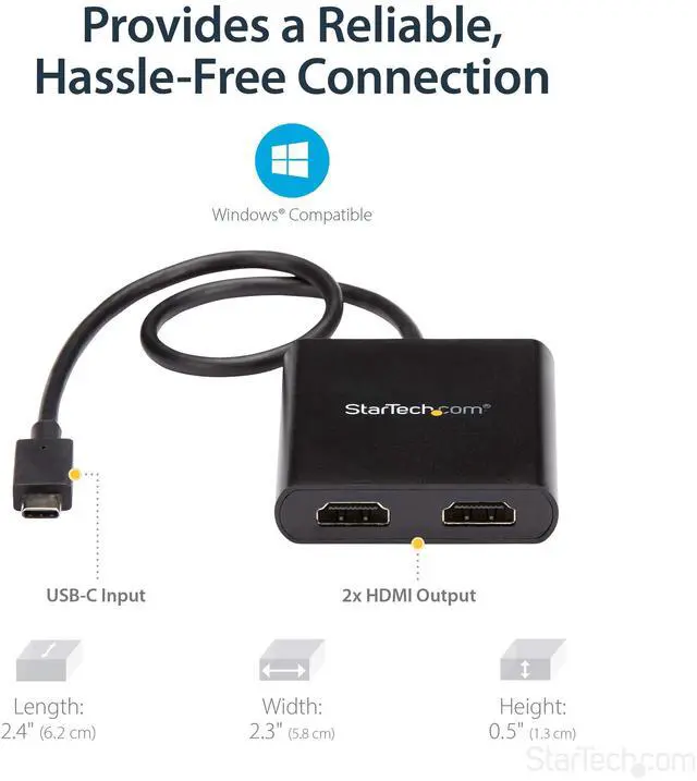Alt view image 12 of 14 - USB-C to Dual HDMI Adapter, USB Type-C Multi-Monitor MST Hub, Dual 4K 30Hz/1080p 60Hz HDMI Laptop Display Extender / Splitter, Extra-Long Built-In Cable, Windows Only (MSTCDP122HD)