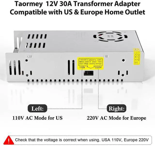 Alt view image 11 of 14 - 12V 30A 360W Switching Power Supply, AC 110V/220V to DC 12V 30A Converter Universal Regulated Transformer Driver Adapter for LED Strips, CCTV Camera, 3D Printer, Industrial Equipment, Radio