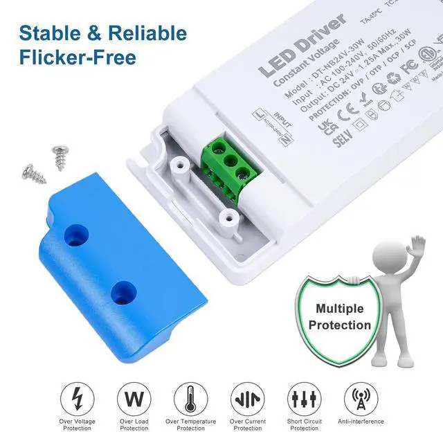 Alt view image 10 of 14 - 24V LED Driver 30 Watt, AC 100V-130V to 24 Volt Switching Power Supply Unit, Low Voltage LED Transformer 1.25A, Ultra Thin Constant Voltage Driver for DIY LED Strip Lights MR16 MR11 G4 Bulbs