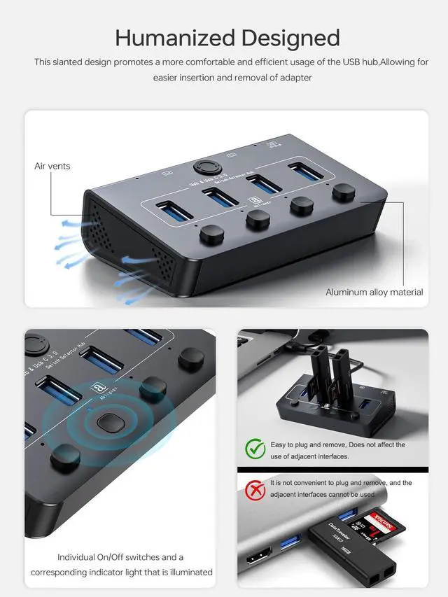 Alt view image 10 of 14 - USB 3.0 Switch for USB A & C Devices - Aluminum Alloy USB Switch, Independent Port Control for Mouse, Keyboard, Printer - USB Switcher 2 Computers