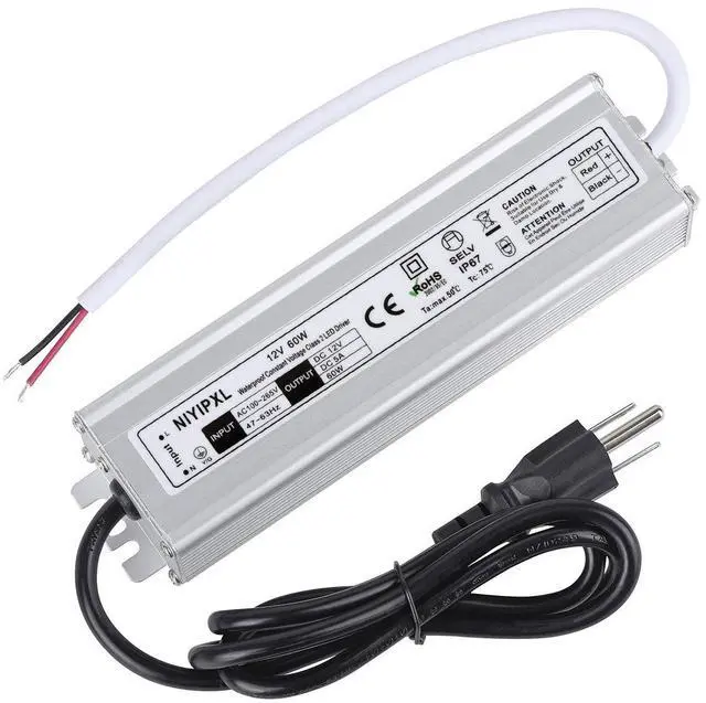 Alt view image 7 of 12 - LED Driver 60 Watts Waterproof IP67 Power Supply Transformer Adapter 100V-265V AC to 12V DC Low Voltage Output with 3-Prong Plug 3.3 Feet Cable for LED Light, Computer Project, Outdoor Light