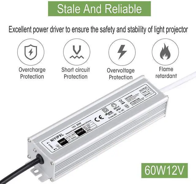 Alt view image 8 of 12 - LED Driver 60 Watts Waterproof IP67 Power Supply Transformer Adapter 100V-265V AC to 12V DC Low Voltage Output with 3-Prong Plug 3.3 Feet Cable for LED Light, Computer Project, Outdoor Light