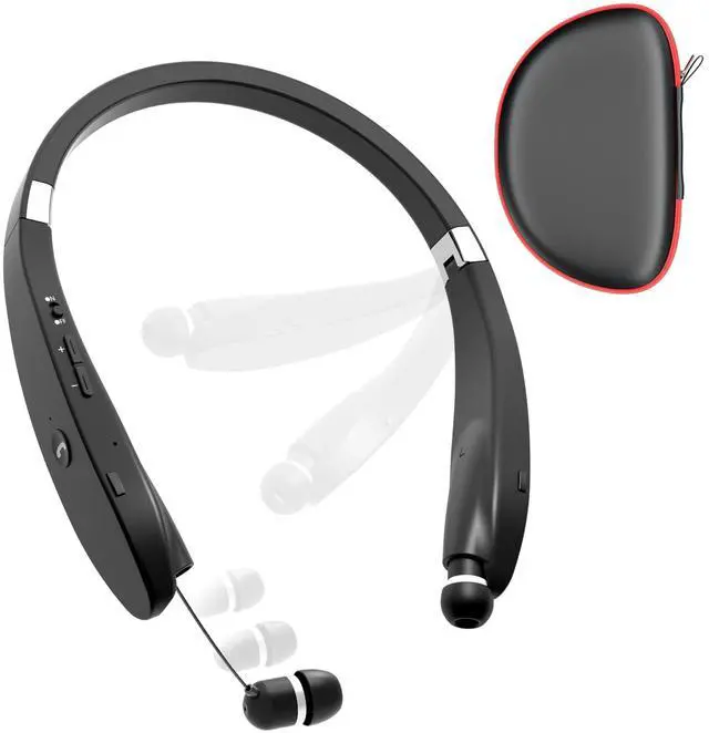 Alt view image 8 of 14 - Bluetooth Neckband Headphones, Foldable Wireless Lightweight Neck Headset with Retractable Earbuds, Noise Cancelling Sweatproof Stereo Earphones with Mic & Carrying Case (Black)