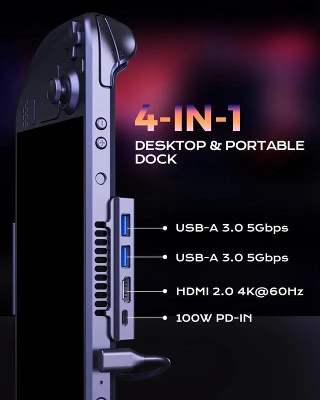 Alt view image 9 of 14 - Steam Deck Dock for Steam Deck/OLED with Foldable Stand, HDMI 4K@60Hz, 2 USB A 3.0, 100W Max PD-in, Portable or Desktop Accessories