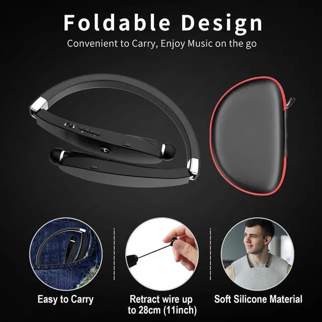 Alt view image 11 of 14 - Bluetooth Neckband Headphones, Foldable Wireless Lightweight Neck Headset with Retractable Earbuds, Noise Cancelling Sweatproof Stereo Earphones with Mic & Carrying Case (Black)