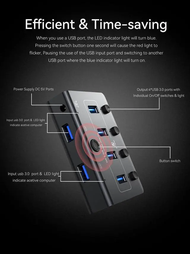 Alt view image 13 of 14 - USB 3.0 Switch for USB A & C Devices - Aluminum Alloy USB Switch, Independent Port Control for Mouse, Keyboard, Printer - USB Switcher 2 Computers