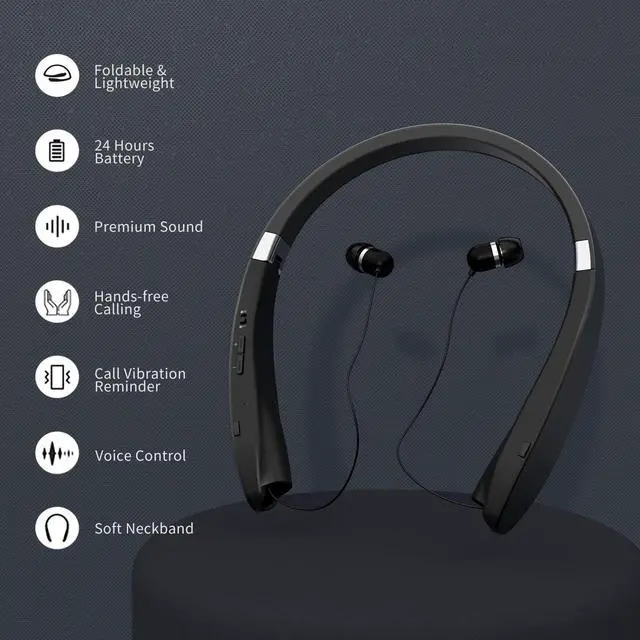 Alt view image 13 of 14 - Bluetooth Neckband Headphones, Foldable Wireless Lightweight Neck Headset with Retractable Earbuds, Noise Cancelling Sweatproof Stereo Earphones with Mic & Carrying Case (Black)