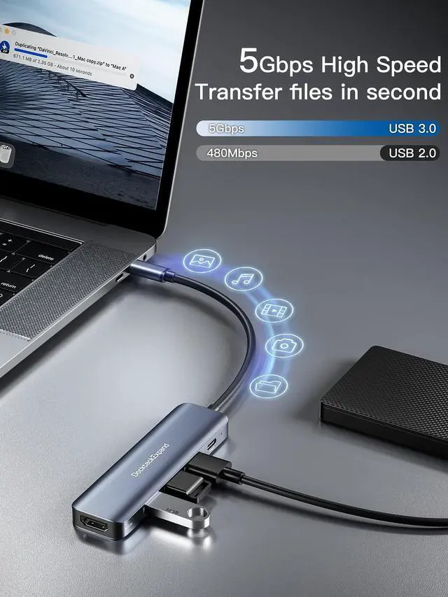 Alt view image 11 of 12 - USB C HUB, USB-C Multiport Adapter 5 in 1 with 4K HDMI, 100W Power Delivery, 3 USB 3.0 Data Ports for MacBook Pro/Air, iPad Pro/Air/Mini 6 and More