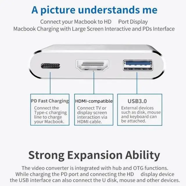 Alt view image 9 of 14 - USB-C to HDMI Adapter (Supports 4K / 30Hz) - Type- C 3 in 1 Converter Cable for 2017/2018 MacBook Pro, MacBook, Mac Pro, iMac, Chromebook, & More USB 3.0 Type-C Devices