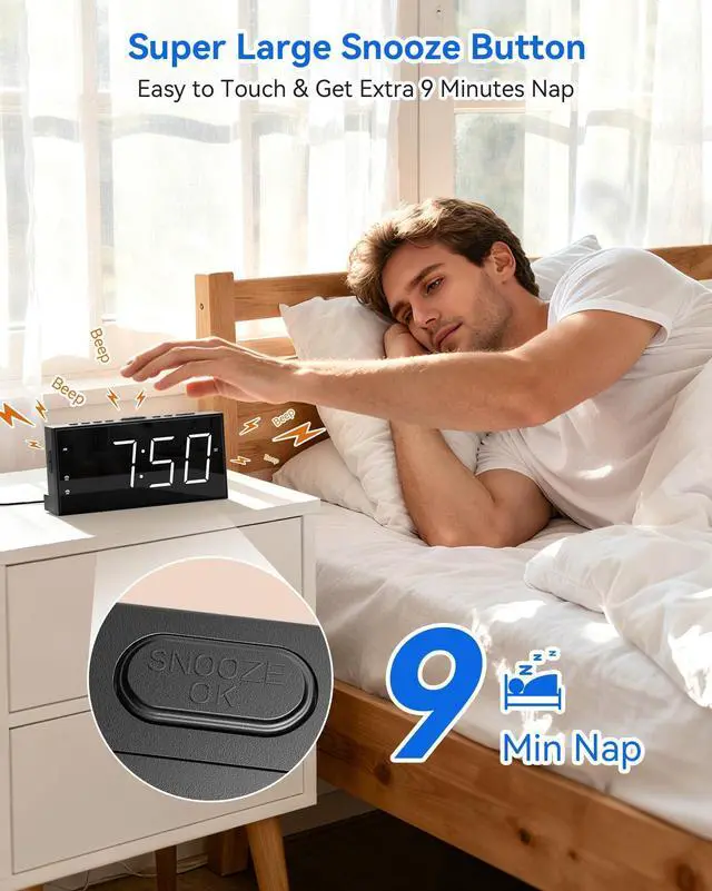 Alt view image 12 of 14 - 7.5" Digital Alarm Clock for Bedroom with Power Adapter, Dual Alarms Big Numbers Snooze USB Port Dimmable 5 Volumes Battery Backup 12/24H & DST Led Loud Alarm Clock for Heavy Sleepers Adults