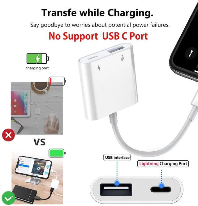 Alt view image 12 of 14 - Lightning to USB Camera Adapter for iPhone with Lightning Charging Port USB 3.0 Female OTG Cable Keyboard Mouse No Support USB C, SSD