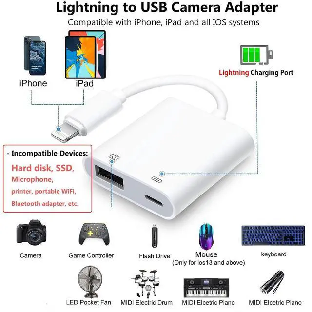 Alt view image 9 of 14 - Lightning to USB Camera Adapter for iPhone with Lightning Charging Port USB 3.0 Female OTG Cable Keyboard Mouse No Support USB C, SSD