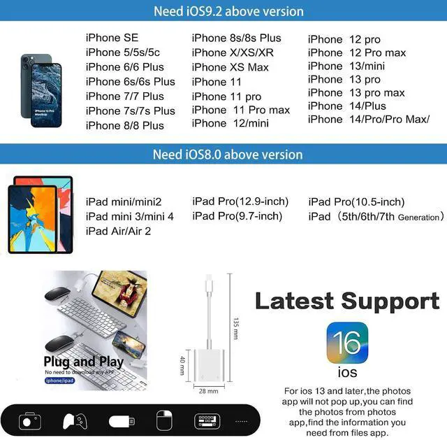 Alt view image 10 of 14 - Lightning to USB Camera Adapter for iPhone with Lightning Charging Port USB 3.0 Female OTG Cable Keyboard Mouse No Support USB C, SSD