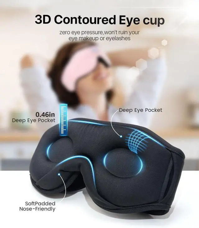 Alt view image 12 of 14 - Sleep Headphones 3D Sleep Mask with Bluetooth 5.4 Headphones, Wireless Music Sleeping Eye Mask with Ultra-Thin HD Stereo Speakers for Side Sleepers, Adjustable Blackout & Noise Cancelling for Men