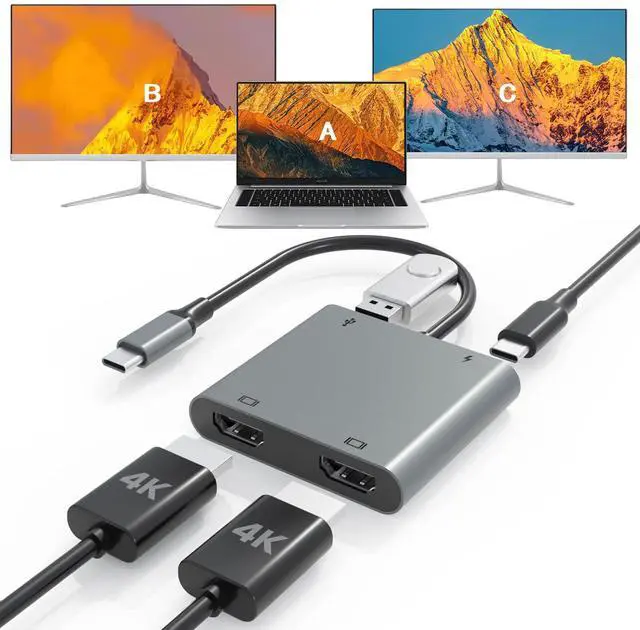 Alt view image 8 of 14 - USB C to Dual HDTV Adapter, 4K@60Hz HDTV Splitter Extend Display for Dual Monitors, macOS Only Allows Mirror Mode, Windows Allows Multi-Monitor Display 3 Separate Screens for 100W PD,USB-A Port