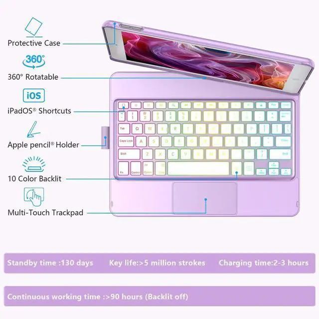 Alt view image 13 of 14 - Case with Keyboard for iPad 10.2,Touch Trackpad Keyboard Case for iPad 9th Generation/8th/7th Gen, 10 Corlor Backlit - 360° Rotatable Protective Cover with Pencil Holder (Light Purple)