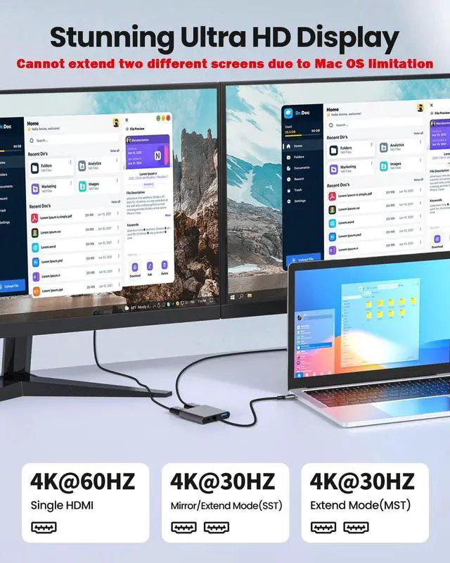 Alt view image 11 of 14 - USB C to Dual HDTV Adapter, 4K@60Hz HDTV Splitter Extend Display for Dual Monitors, macOS Only Allows Mirror Mode, Windows Allows Multi-Monitor Display 3 Separate Screens for 100W PD,USB-A Port