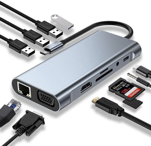 Alt view image 8 of 14 - USB C HUB, USB C Adapter 11 in 1 Dongle with 4K HDMI, VGA, Type C PD, USB3.0, RJ45 Ethernet, SD/TF Card Reader, 3.5mm AUX, Docking Station Compatible with MacBook Pro/Air, Other Type C Laptops