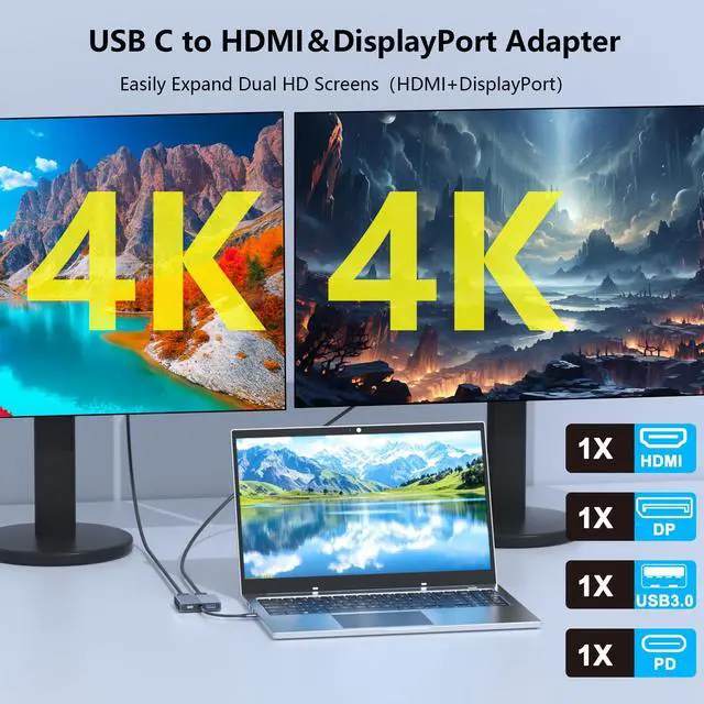 Alt view image 10 of 14 - USB C to HDMI and DisplayPort Adapter, 4K @60Hz Dual Monitor Adapter for Dell/HP/Mac Laptops, USB Type C to Display Port and HDMI Multiport with USB3.0/PD, USB C Hub, Docking Station Dual Monitor