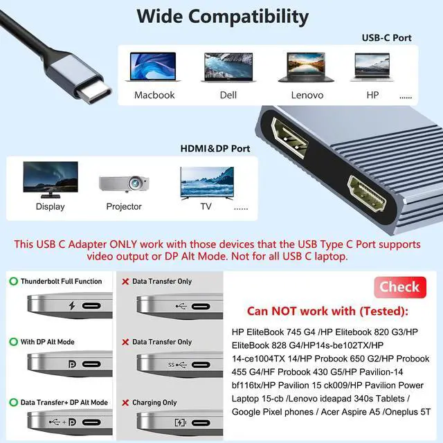 Alt view image 14 of 14 - USB C to HDMI and DisplayPort Adapter, 4K @60Hz Dual Monitor Adapter for Dell/HP/Mac Laptops, USB Type C to Display Port and HDMI Multiport with USB3.0/PD, USB C Hub, Docking Station Dual Monitor